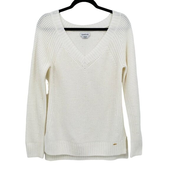 Bebe Chunky Loose Knit V Neck Sweater Size M White Egret Women's - Picture 1 of 7